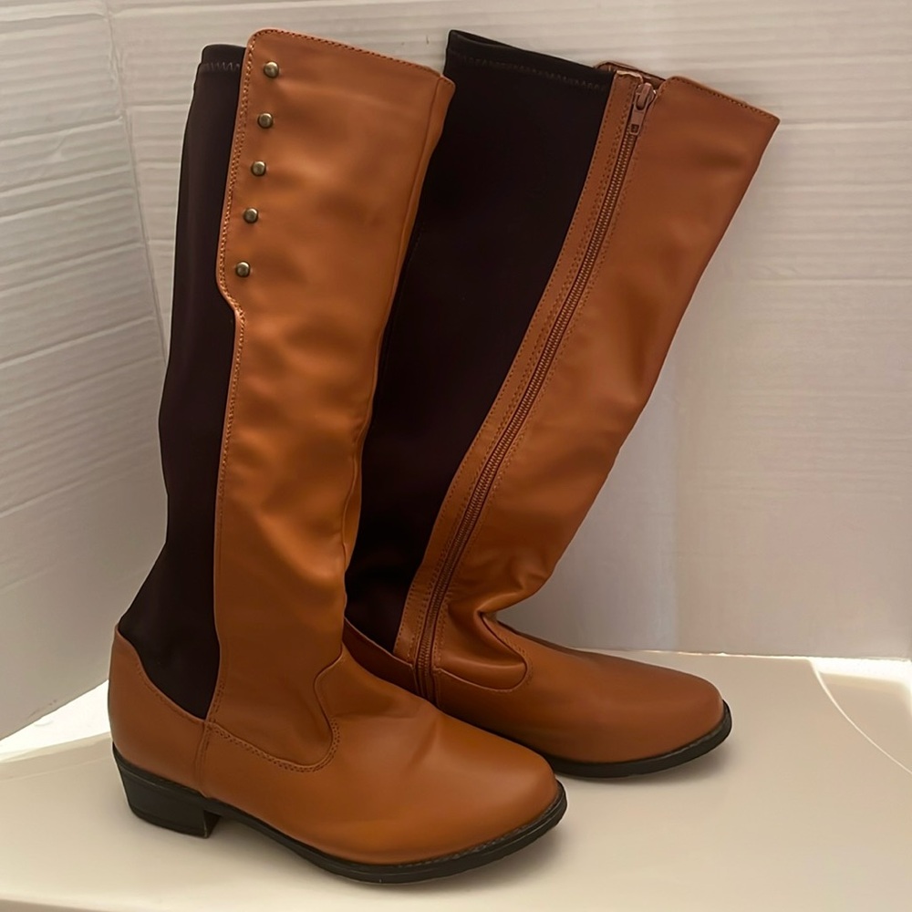 Black Neoprene Tan Studded Zip Up Boot